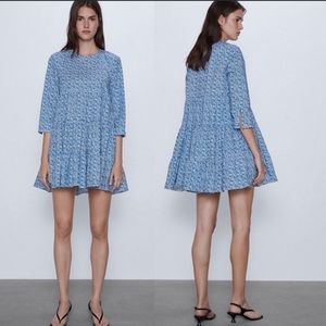 Zara 100% Cotton The Sharon Babydoll Blue Floral Dress